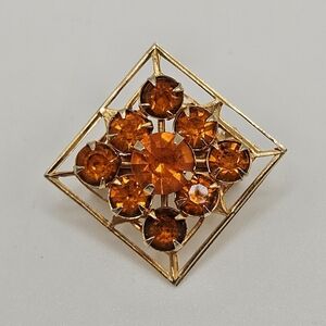 VINTAGE Orange Glass Rhinestone Gold Tone Small Scatter Brooch Pin